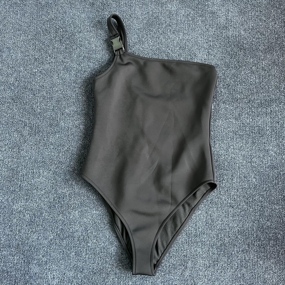Topshop Swimsuit Womens 12 Black One Shoulder One Piece Buckle Strap Lined